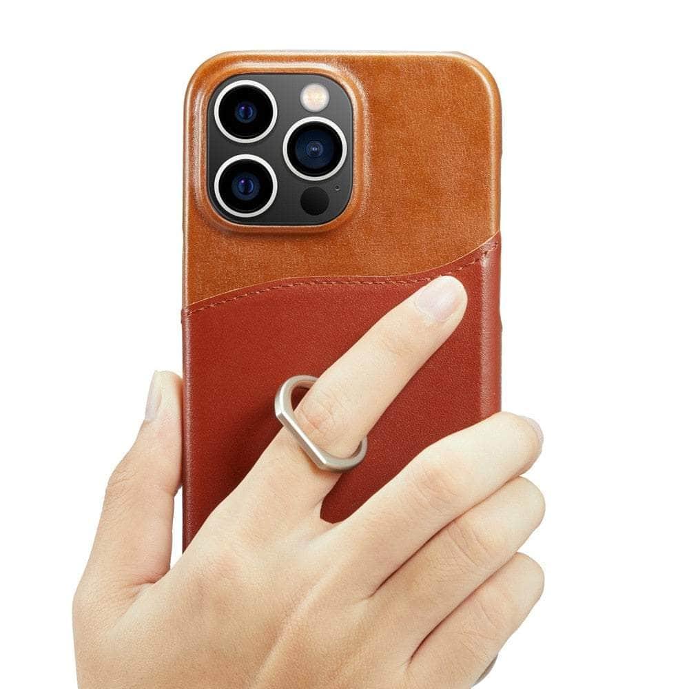 360° iPhone 15 Pro Max Ring Kickstand Real Leather Cover