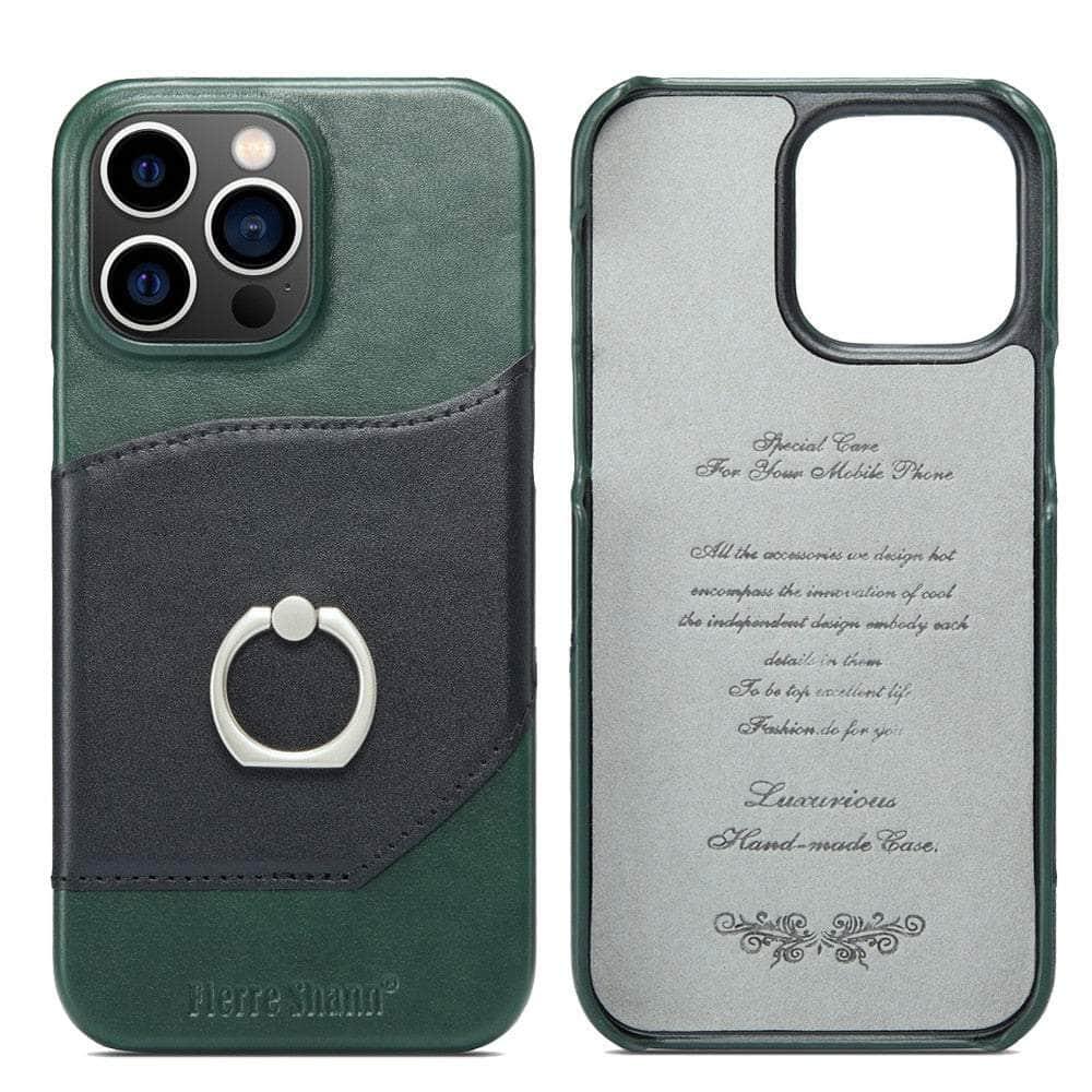 360° iPhone 15 Ring Kickstand Real Leather Cover