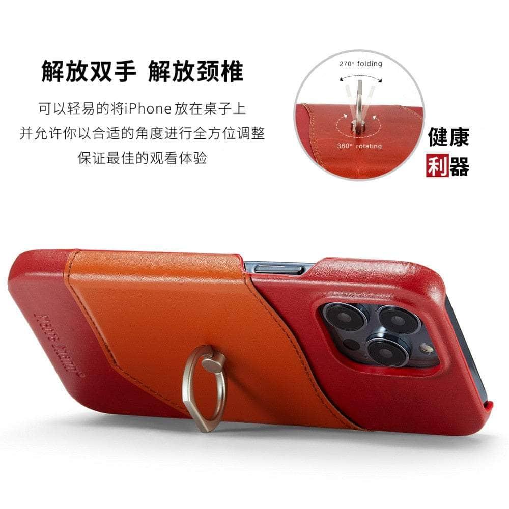 360° iPhone 15 Ring Kickstand Real Leather Cover