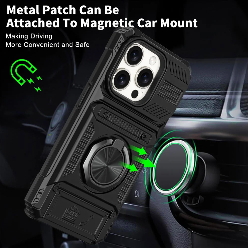 iPhone 16 Rotated Ring Kickstand Heavy Duty Armor Wallet Case