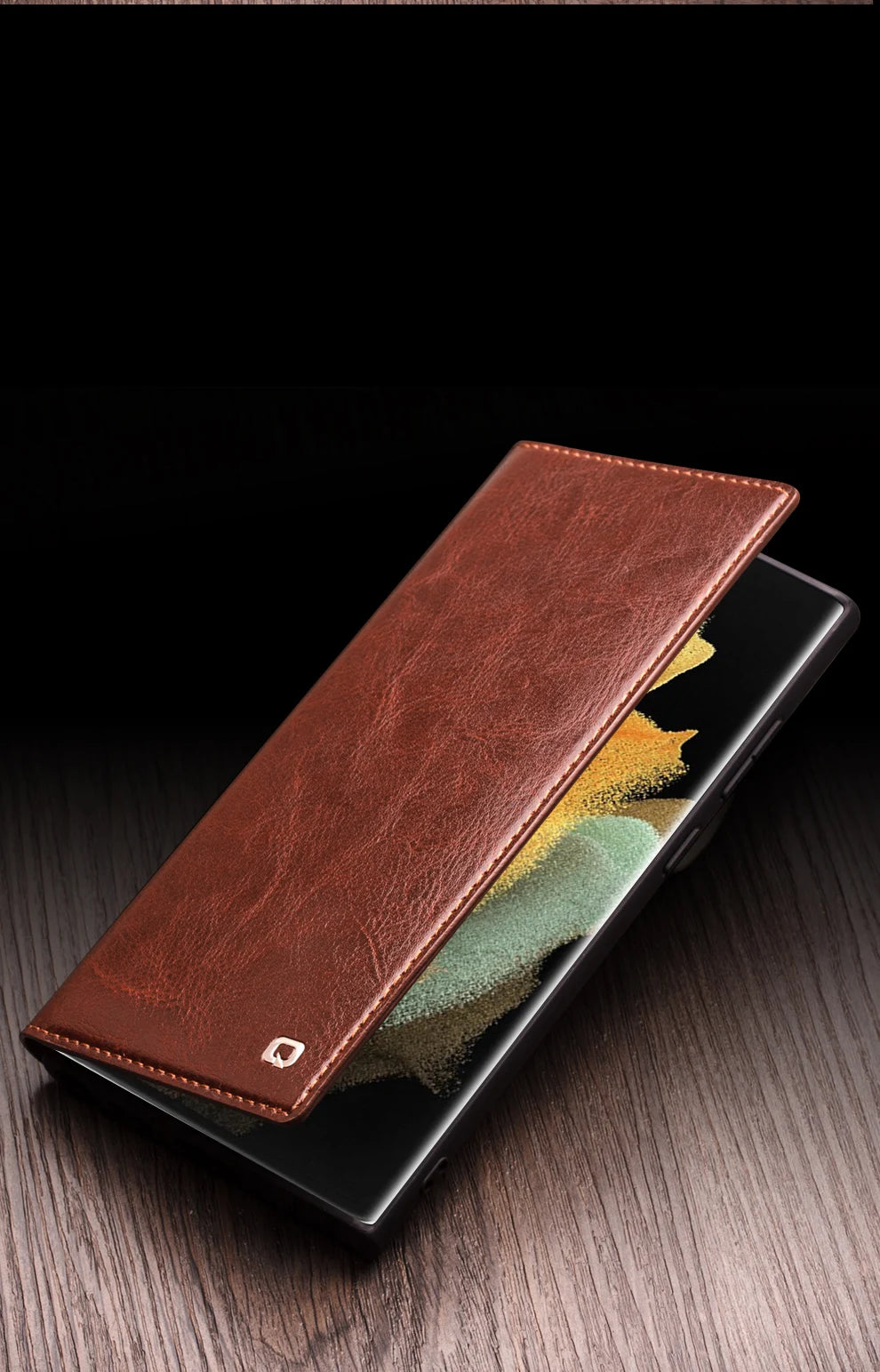 Galaxy S25 Qialino Glossy Genuine Leather Card Slots Retro Wallet