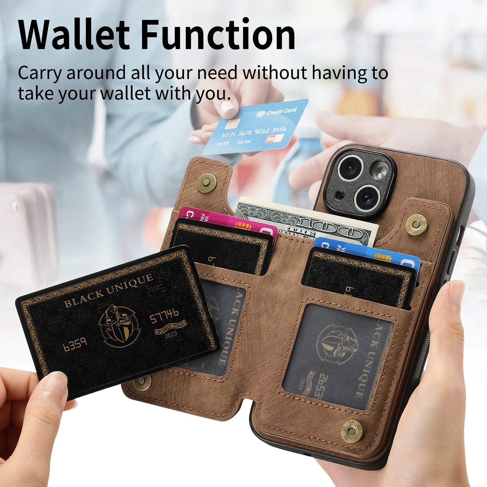 iPhone 16 Pro Zipper Cards Wallet Vegan Leather Case