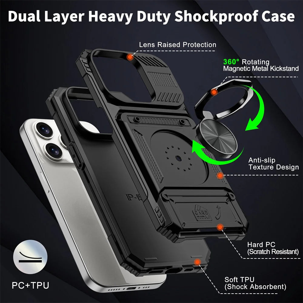 iPhone 16 Pro Max Rotated Ring Kickstand Heavy Duty Armor Wallet Case