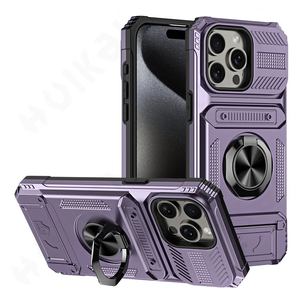 iPhone 16 Pro Max Rotated Ring Kickstand Heavy Duty Armor Wallet Case