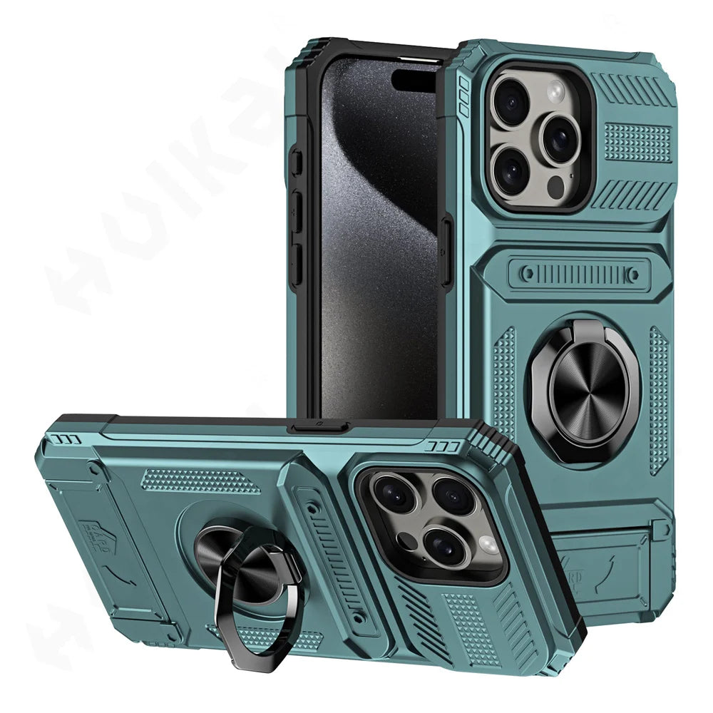 iPhone 16 Pro Rotated Ring Kickstand Heavy Duty Armor Wallet Case