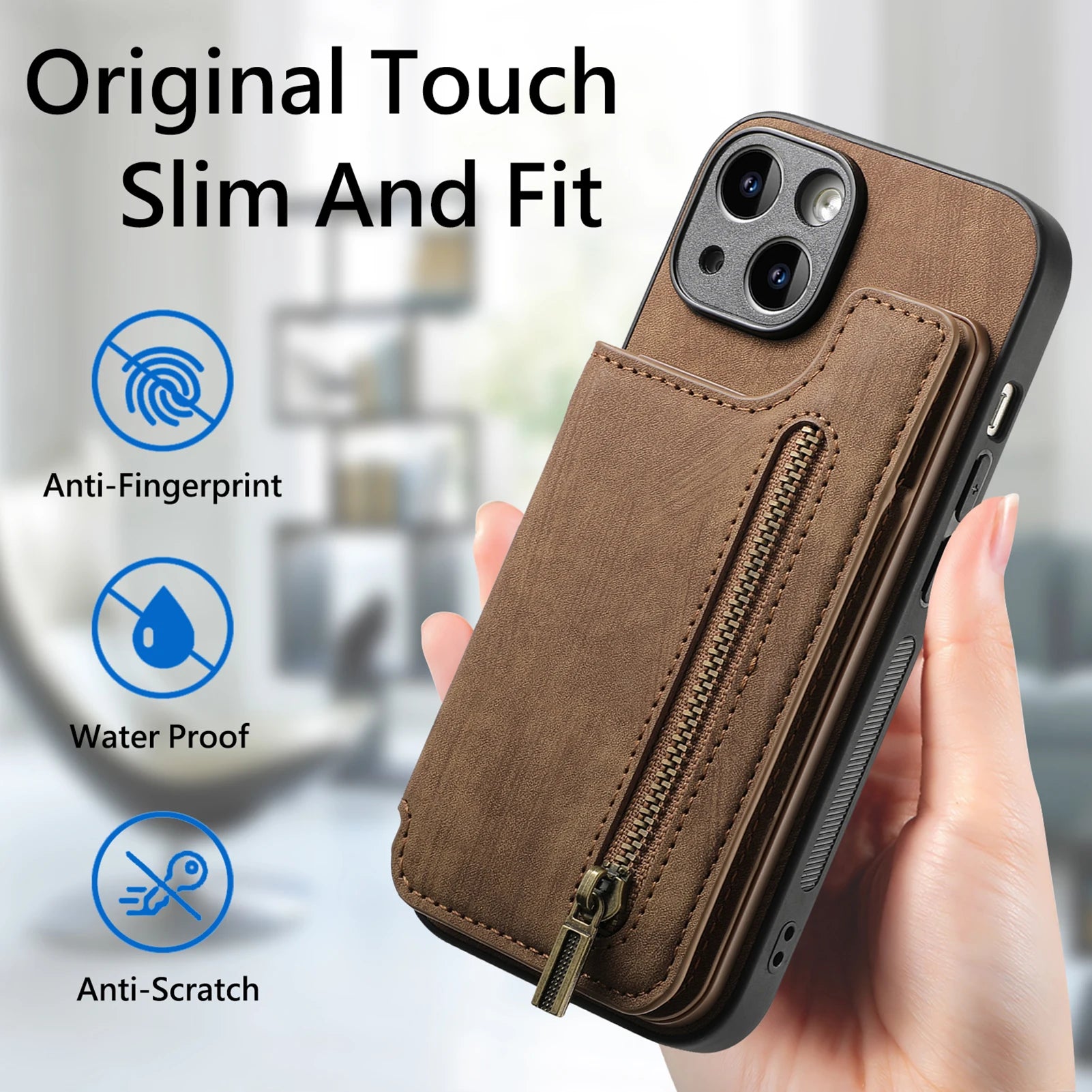 iPhone 16 Pro Zipper Cards Wallet Vegan Leather Case