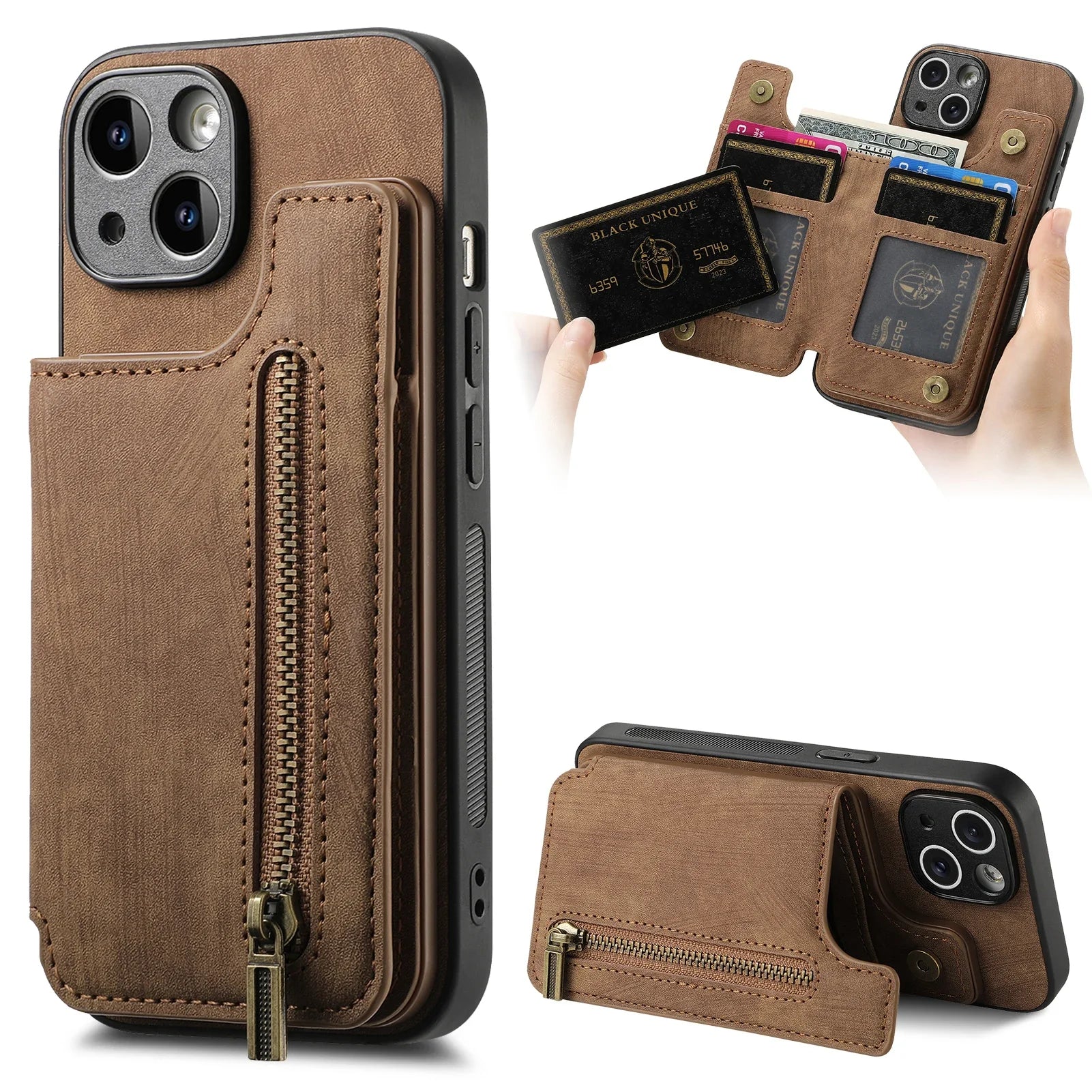 iPhone 16 Pro Zipper Cards Wallet Vegan Leather Case