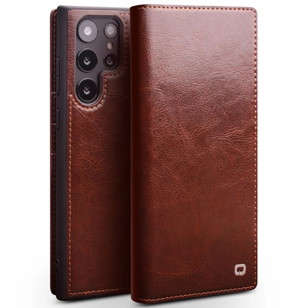 Galaxy S25 Plus Qialino Glossy Genuine Leather Card Slots Retro Wallet