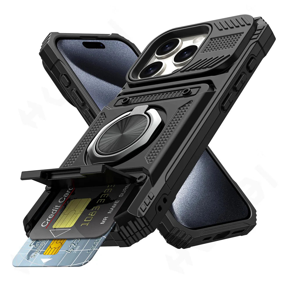 iPhone 16 Pro Rotated Ring Kickstand Heavy Duty Armor Wallet Case