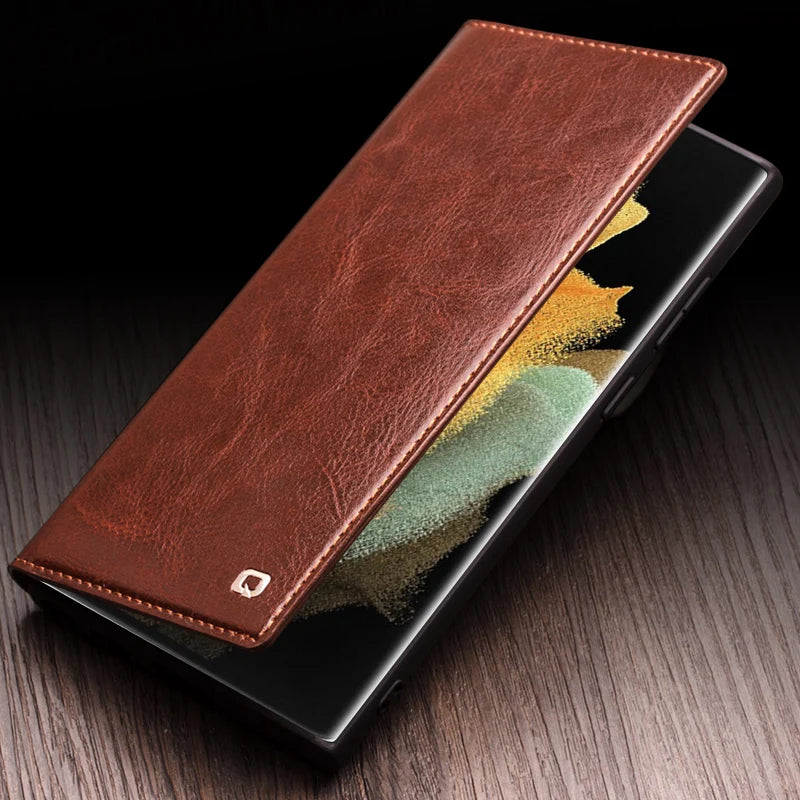 Galaxy S25 Qialino Glossy Genuine Leather Card Slots Retro Wallet