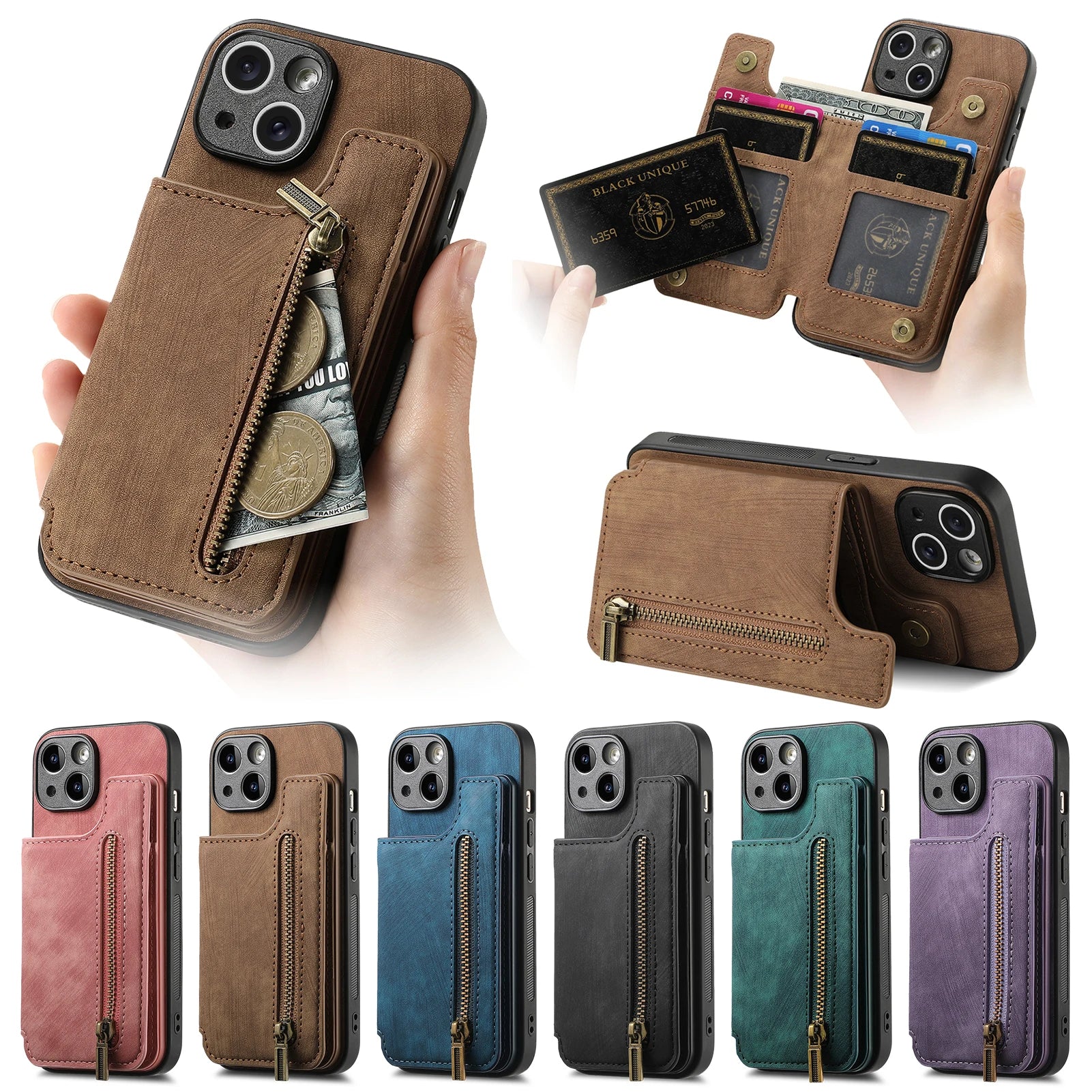 iPhone 16 Plus Zipper Cards Wallet Vegan Leather Case