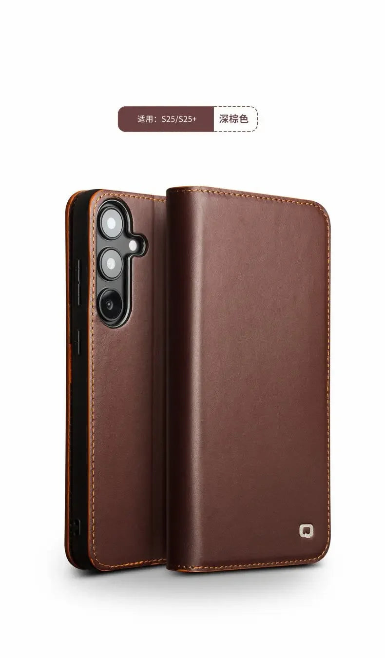 Galaxy S25 Plus Qialino Genuine Leather Flip Retro Wallet