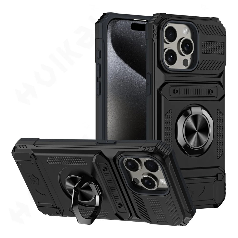 iPhone 16 Pro Rotated Ring Kickstand Heavy Duty Armor Wallet Case