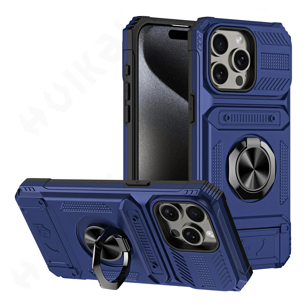 iPhone 16 Plus Rotated Ring Kickstand Heavy Duty Armor Wallet Case