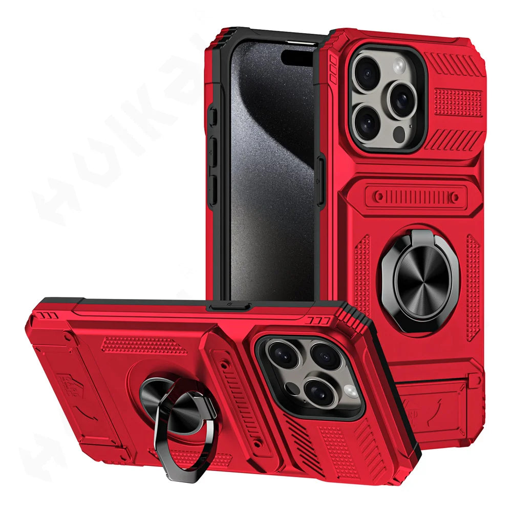 iPhone 16 Rotated Ring Kickstand Heavy Duty Armor Wallet Case