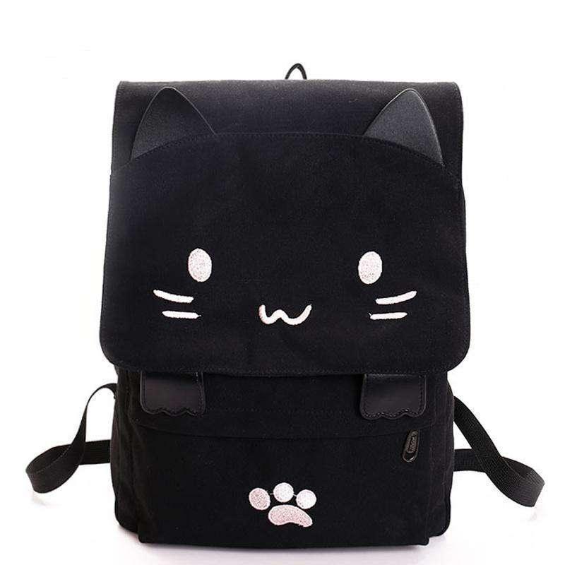 Cute Cat Canvas Backpack Cartoon Embroidery Teenage Girls School Bag - CaseBuddy