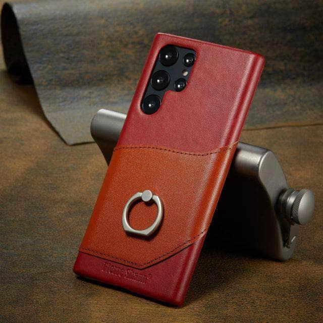 CaseBuddy Australia Casebuddy S22 Plus / red brown Genuine Leather Back Cover Metal Ring Finger Holder S22 Plus Card Pocket