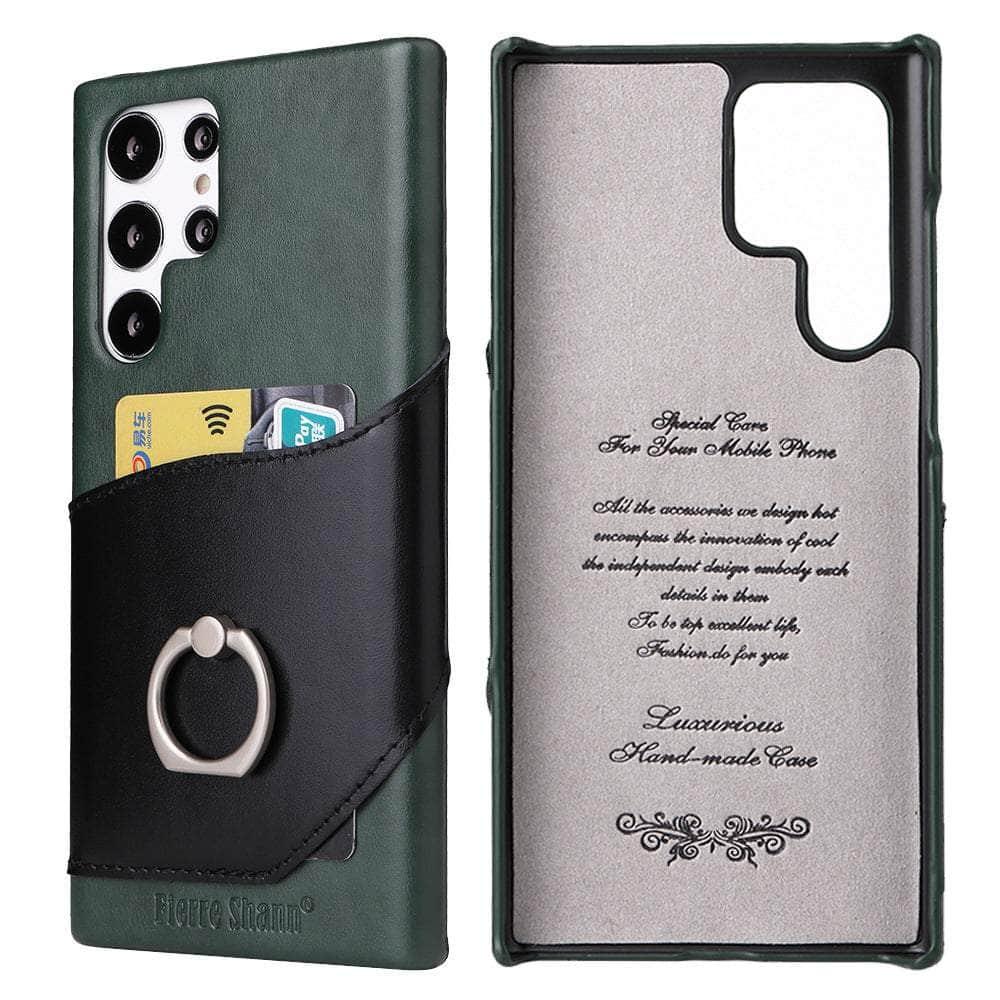 CaseBuddy Australia Casebuddy Genuine Leather Back Cover Metal Ring Finger Holder S22 Ultra Card Pocket