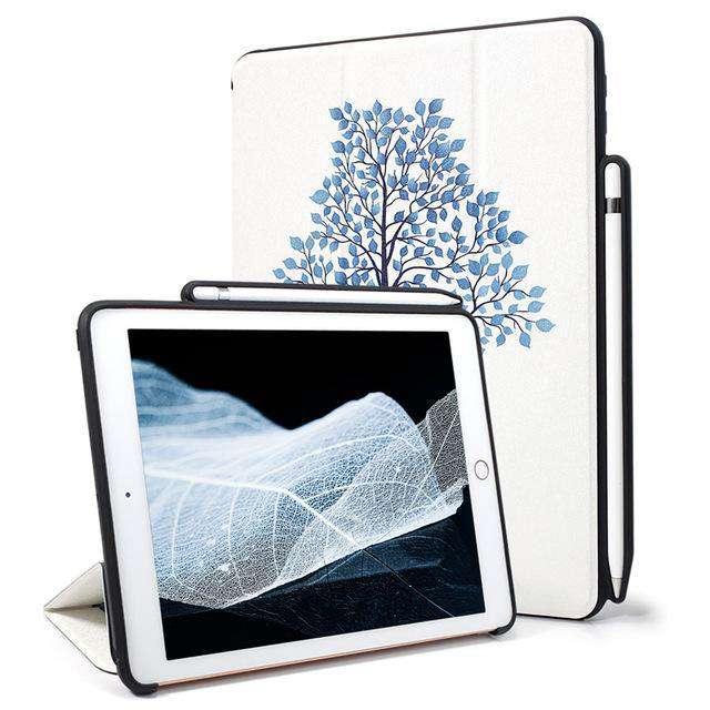 Luxury Silk Pencil Holder Smart Sleep Tri-fold Flowers Cover For iPad 6 - CaseBuddy