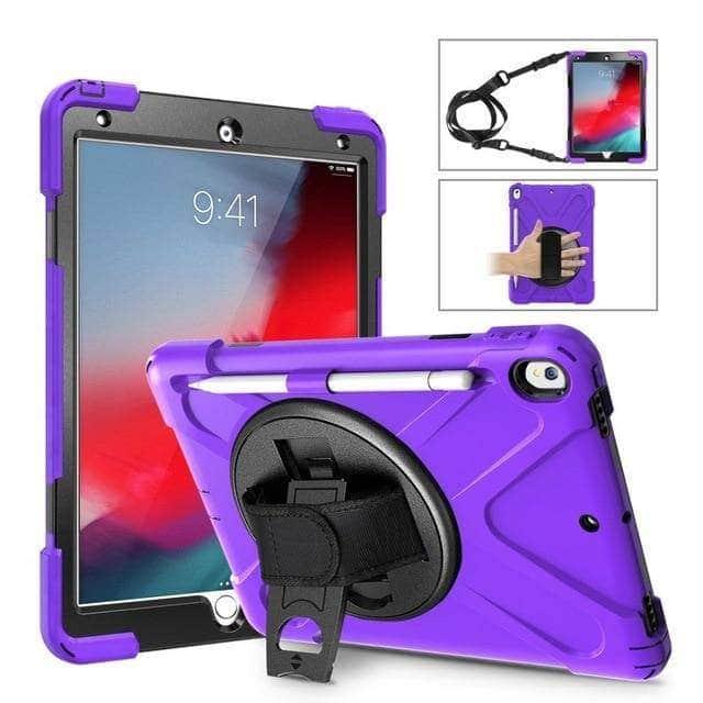 CaseBuddy Casebuddy Purple Premium Armor Shockproof Hand Shoulder Strap Case iPad Air 3 2019 with Pencil Holder