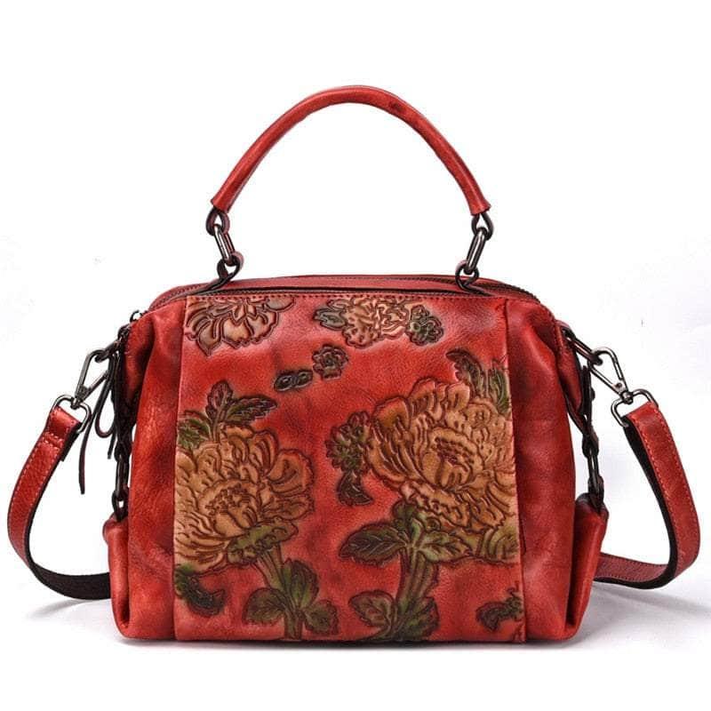 Casebuddy Red Flower Pattern Genuine Leather Women Handbag