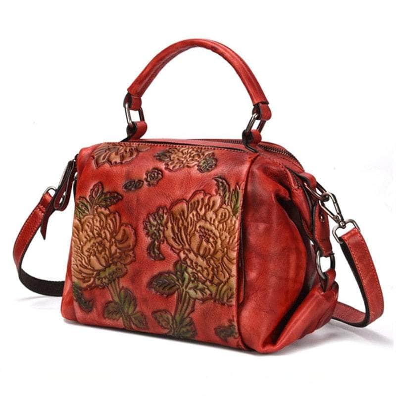 Casebuddy Red Flower Pattern Genuine Leather Women Handbag