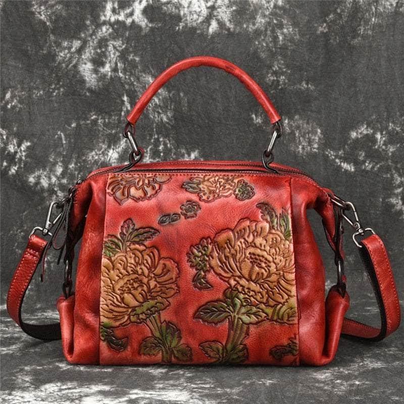 Casebuddy Red Flower Pattern Genuine Leather Women Handbag