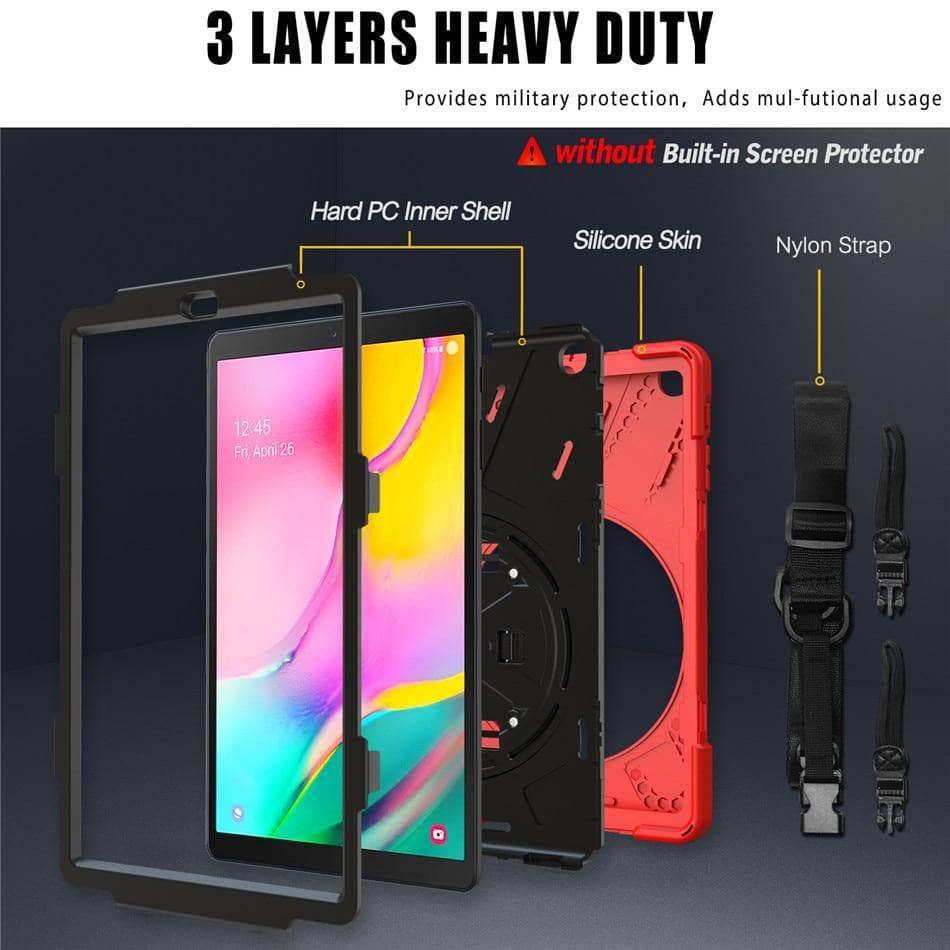 Tab A 10.1 2019 T510 T515 Rugged PC+Silicone Hard Cover 360 Swivel Stand Holder Hand & Neck Strap - CaseBuddy